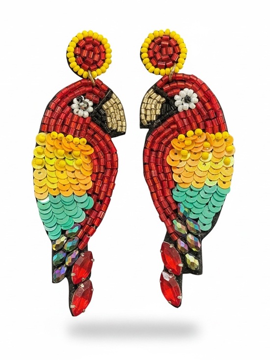 Hand Crafted Jewelry - Beaded Parrot Statement Earrings Colorful Tropical Bird Dangle